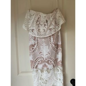 White and nude lace strapless dress